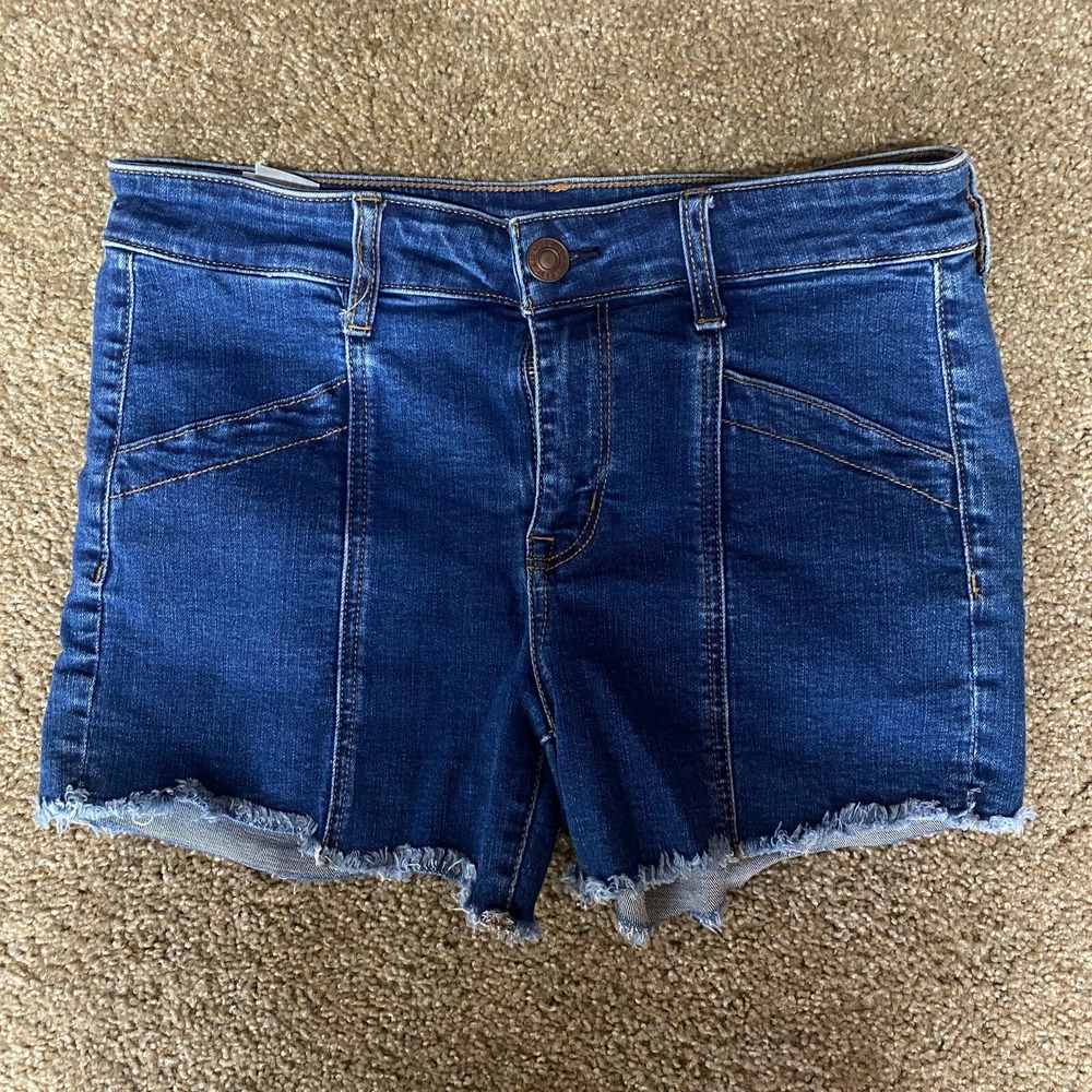 American Eagle Midi Shorts Womens 10 Blue Super Stretch Raw Hem Denim Jean Short